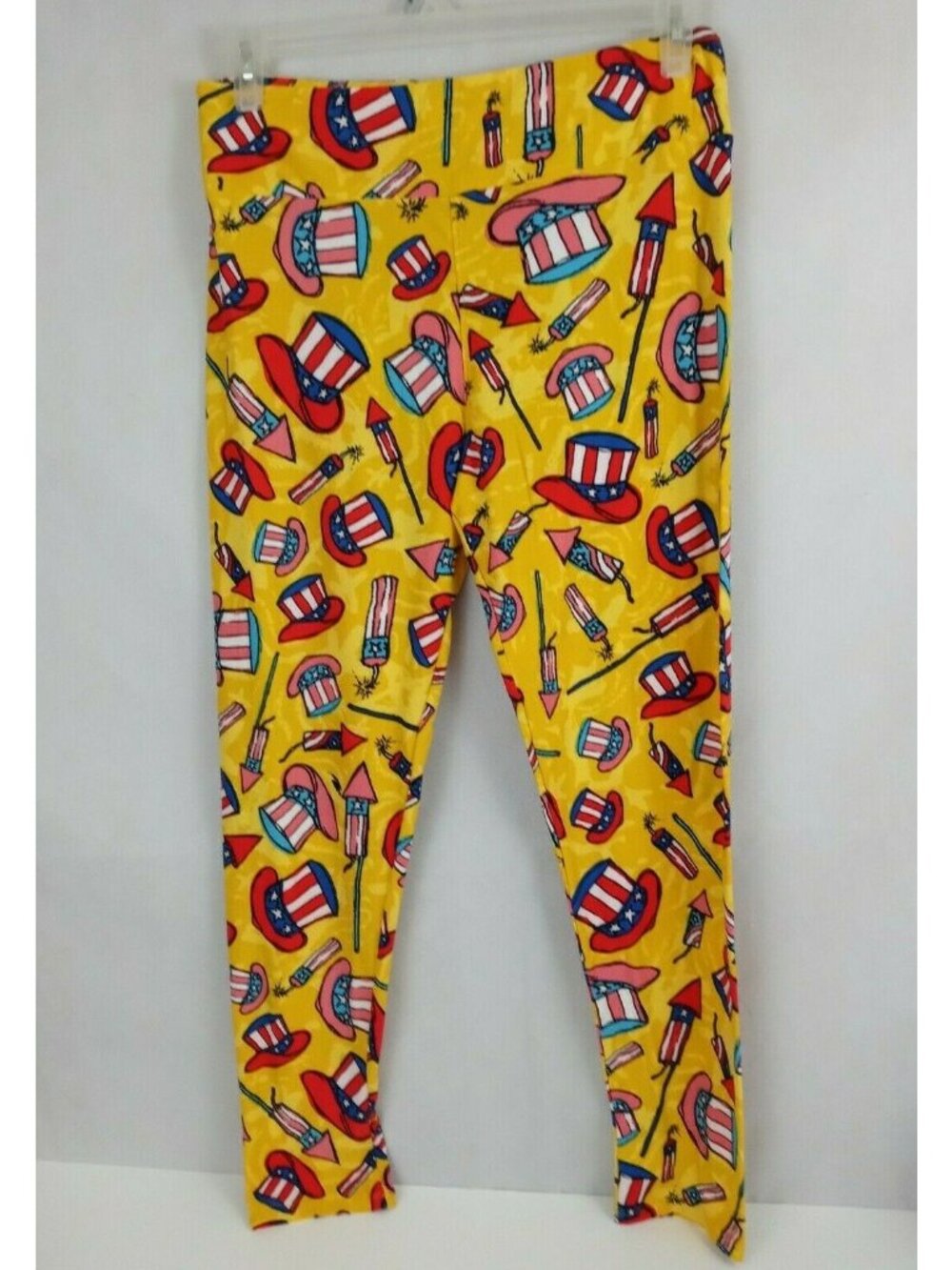 LuLaRoe Tall & Curvy Leggings Yellow With Patriotic Hats & Fireworks Designs Rar